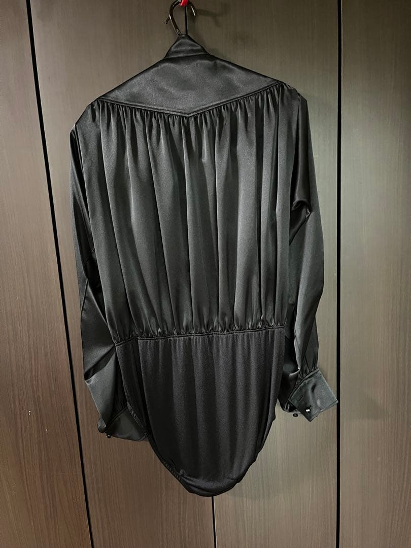 紳士黒 サテン ボディスーツ 長袖 社交ダンス競技用・デモ用衣装　Mサイズ