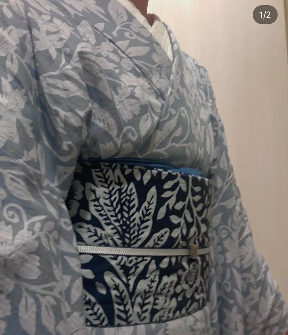 阿波しじら織り 抜染シリーズ グレー地 ぶどうと撫子