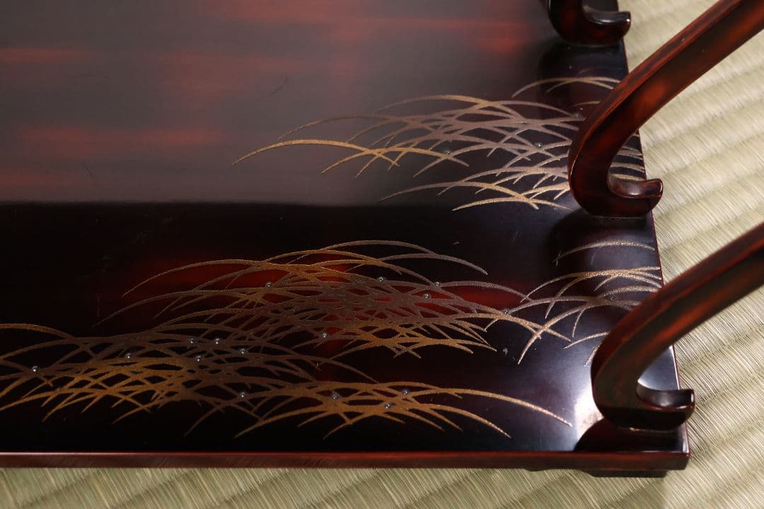 時代 漆芸 鶴図 金銀蒔絵 曙塗 八足 二段卓 木製 花台 銀露【MA661】