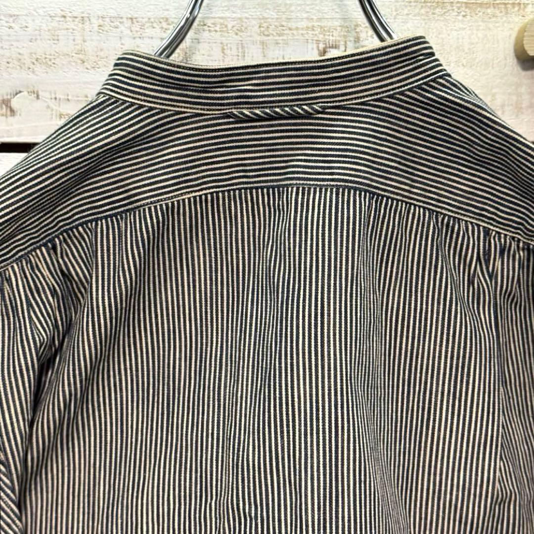 45R インディゴ染 バンドカラーシャツ ストライプ ヒッコリー 刺繍