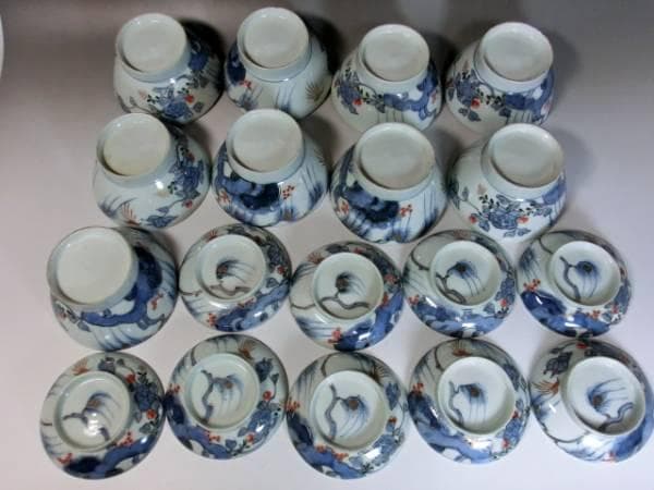 蓋茶碗■古い伊万里花唐草色絵染付 江戸後期 蓋鉢 蓋物 9客 時代物 骨董品■