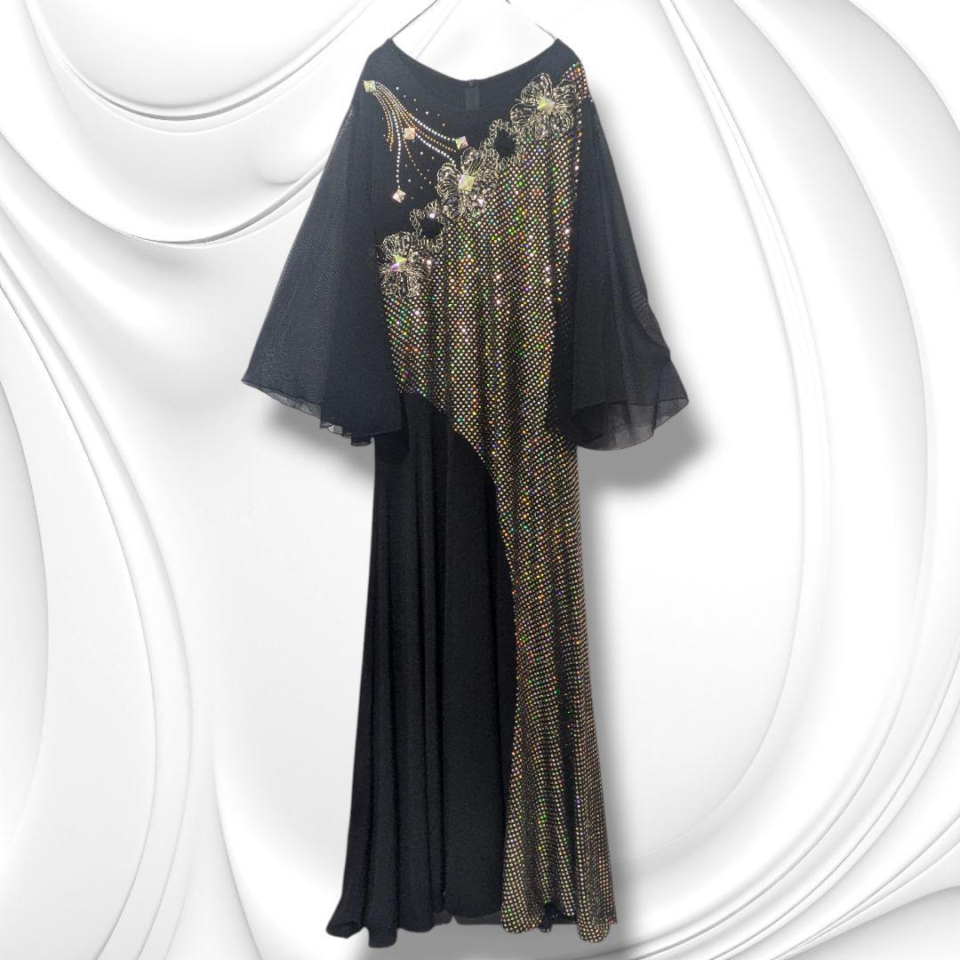 【美品】社交ダンス 衣装 ドレス ブラック ゴールド ラインストーン