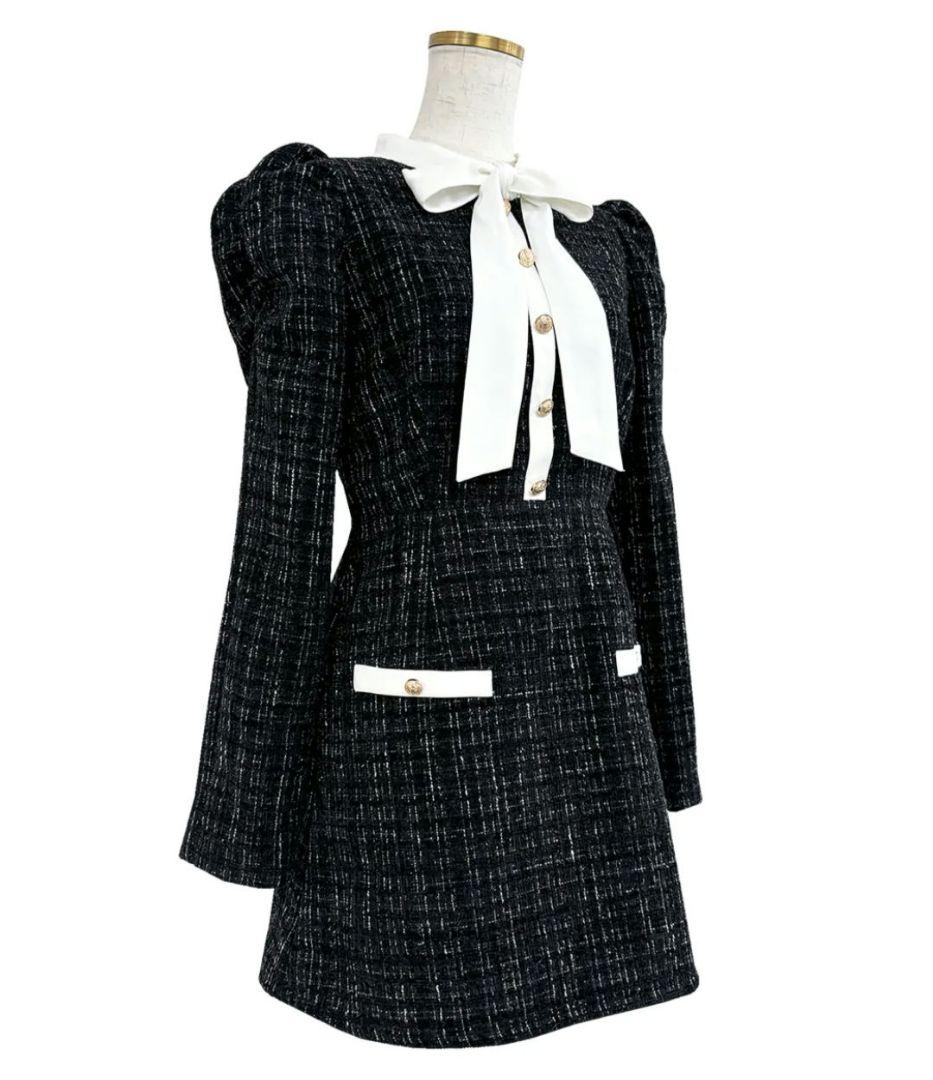 ワンピース ribbon tie tweed mini onepiece M