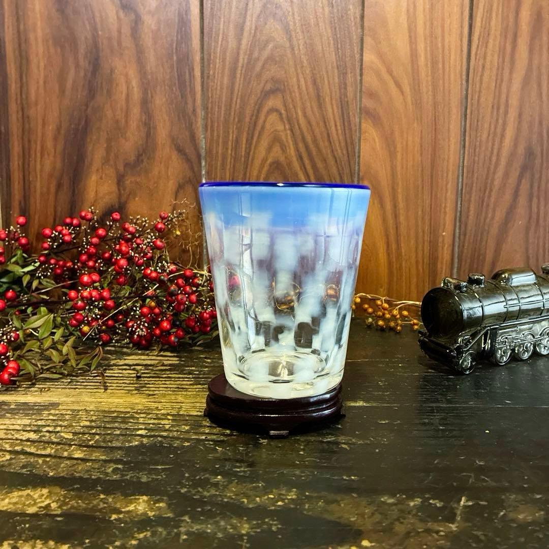 骨董　レトロ　希少　青フチ　乳白色　市松紋　ゴブレット　タンブラー パフェグラス