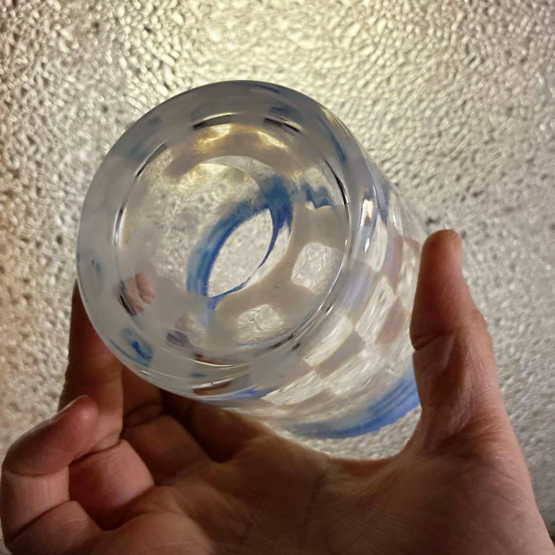 骨董　レトロ　希少　青フチ　乳白色　市松紋　ゴブレット　タンブラー パフェグラス