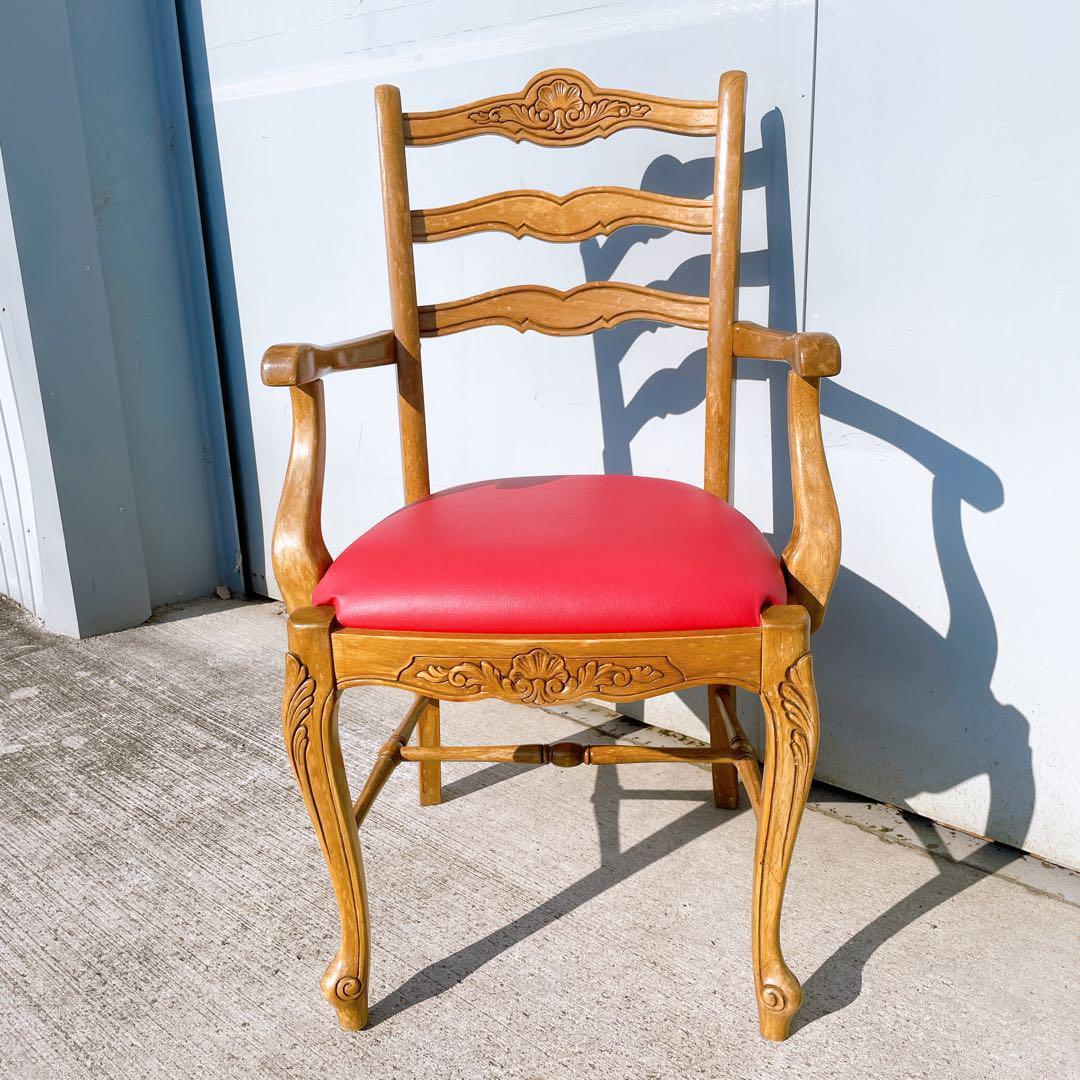 【極美品】フランスアンティーク アームチェア ダイニングチェア 猫脚 赤レザー②