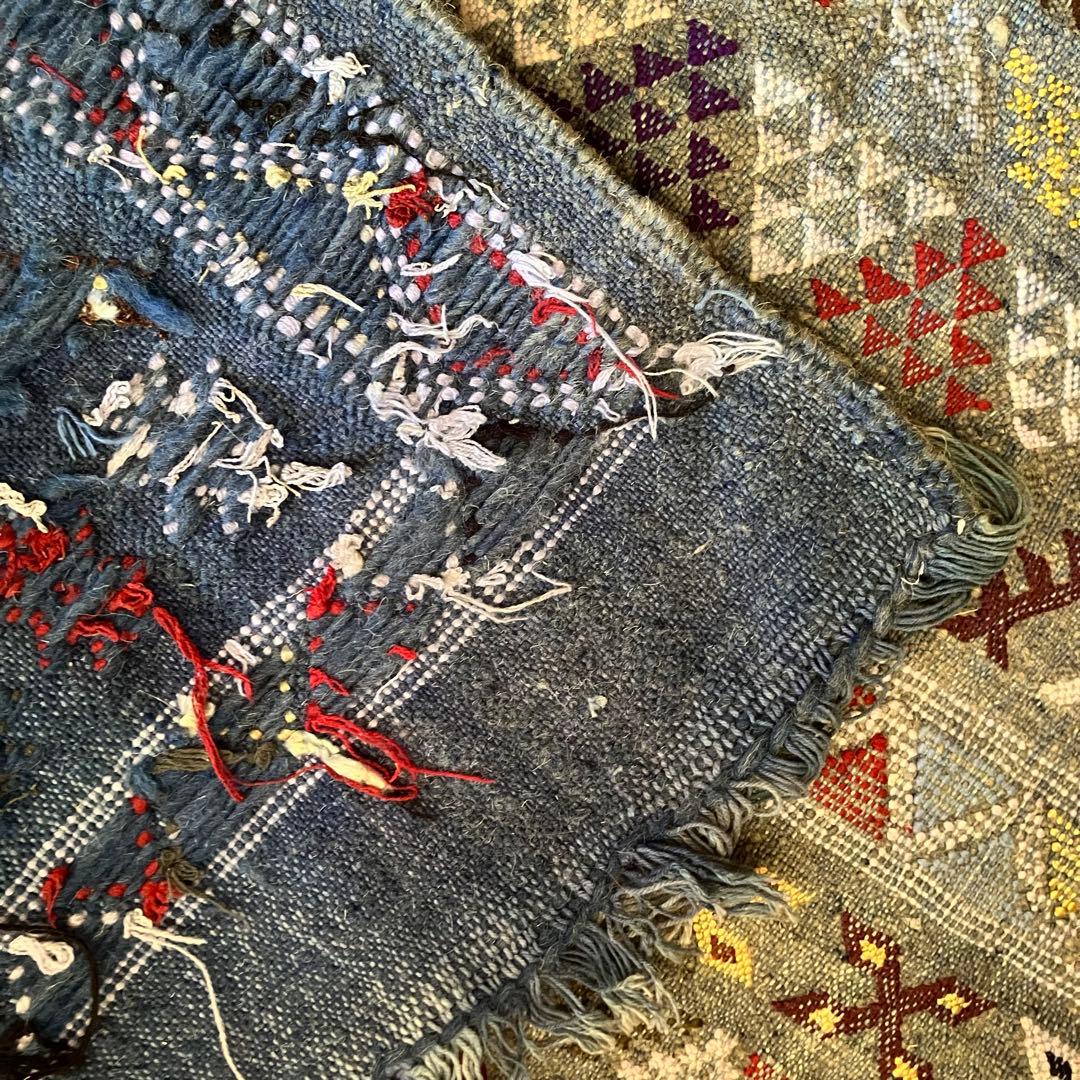 幾何学模様 手織り　ラグ　インディゴ　ヴィンテージ　キリム　デニム