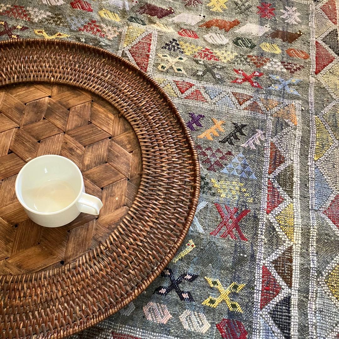 幾何学模様 手織り　ラグ　インディゴ　ヴィンテージ　キリム　デニム