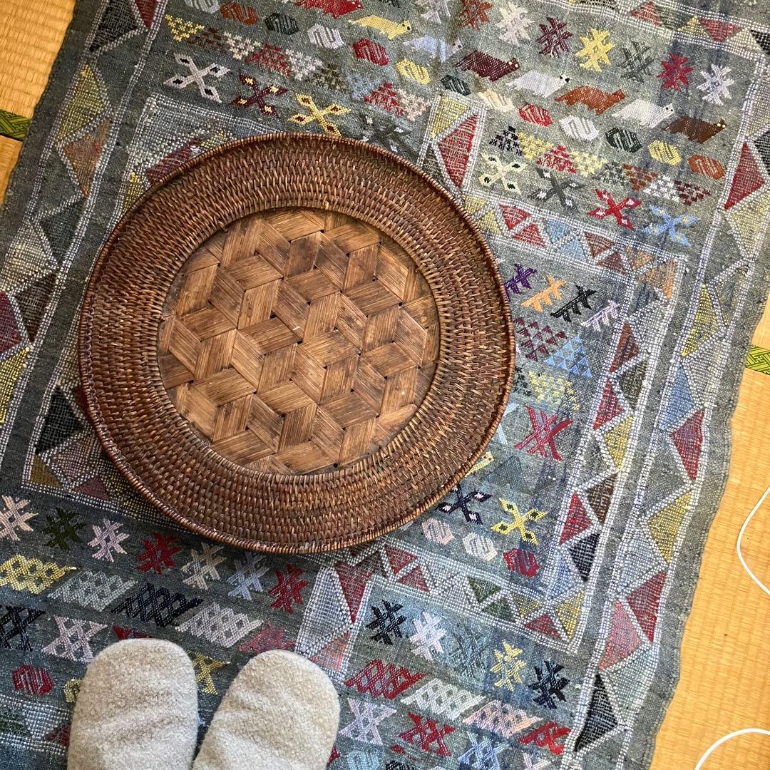 幾何学模様 手織り　ラグ　インディゴ　ヴィンテージ　キリム　デニム