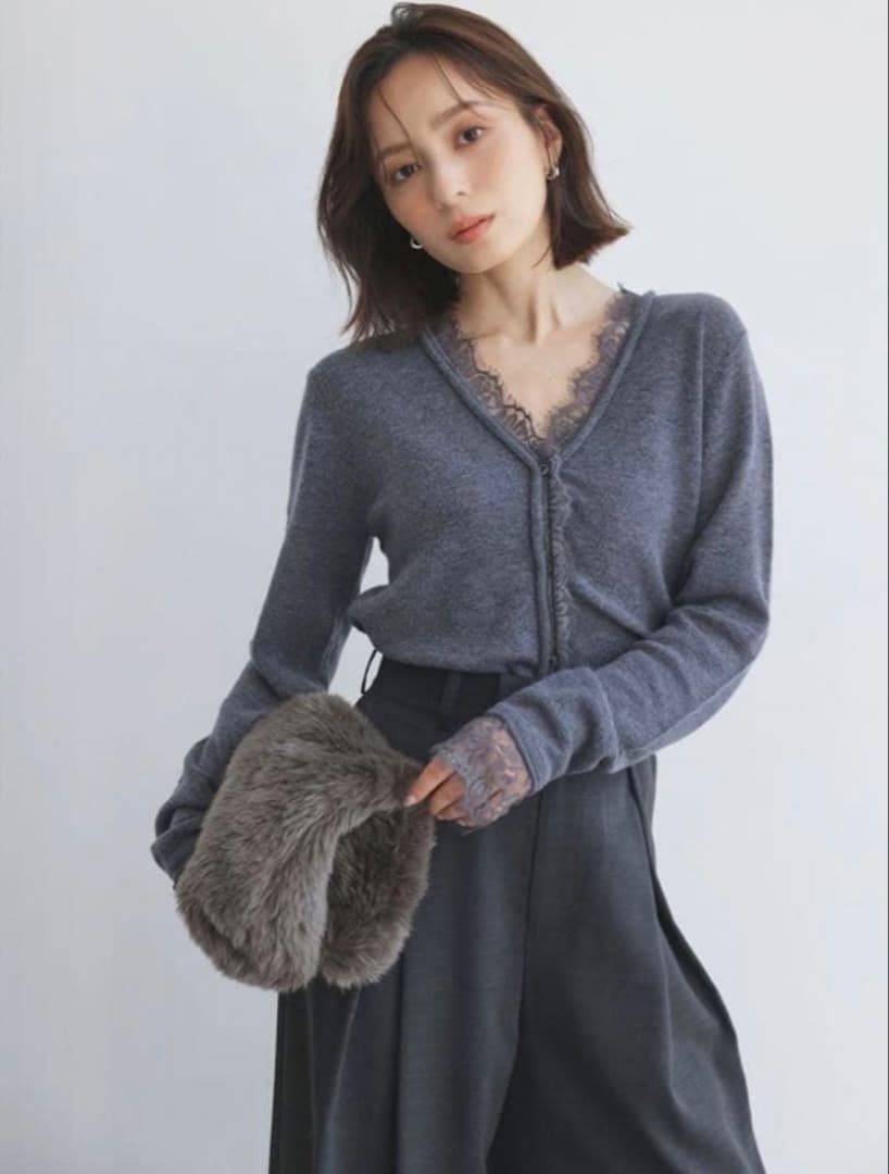 anuans アイラッシュレーストリミングニットカーディガン グレー