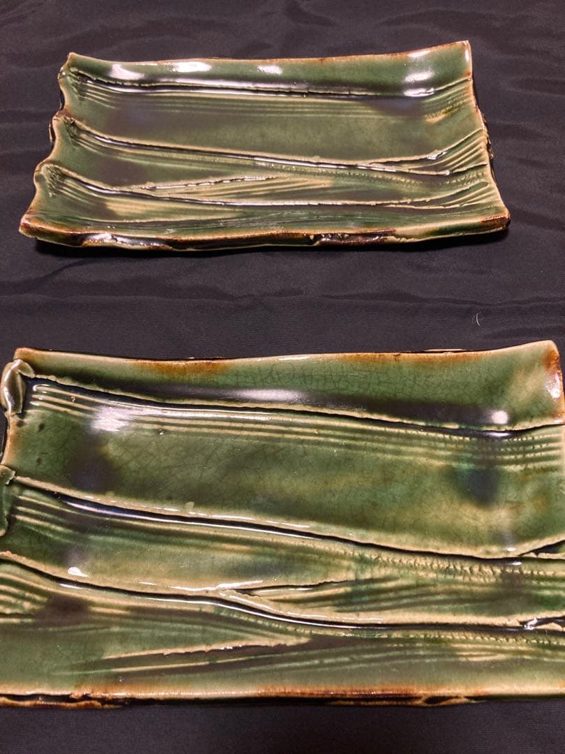 作家モノ 橋口信弘　織部 角皿 2枚組 銘々皿 釉だまり モダン 懐石