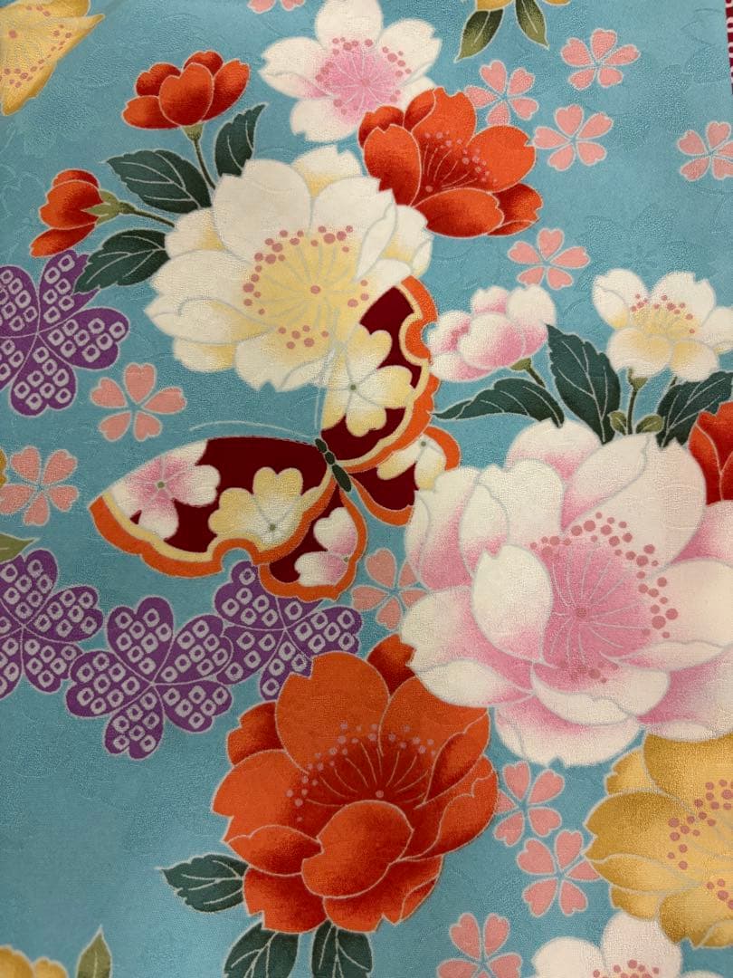 七五三　女の子　着物・被布セット　水色　桜　つまみ細工　チャーム　新品