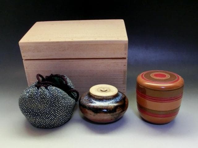 茶入■大海茶入れ こま塗り中棗 セット 独楽 古いお茶道具 時代物 骨董品■