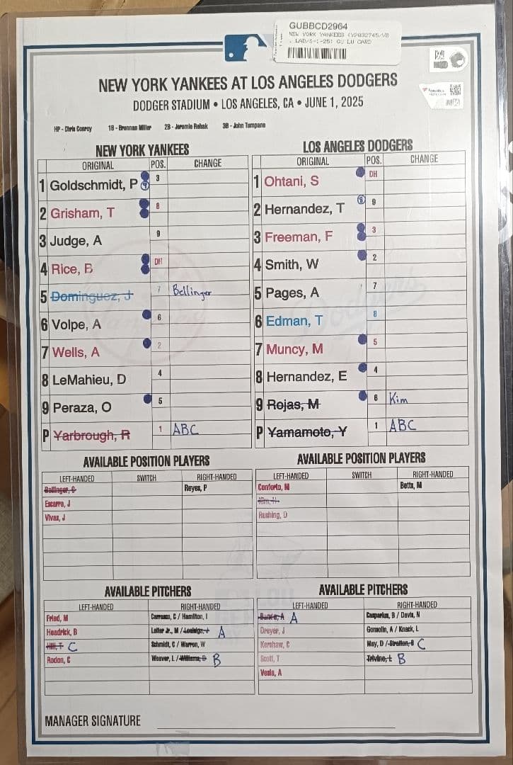 【超貴重／実使用】ヤンキース対ドジャース／ラインナップカード／大谷翔平／山本由伸