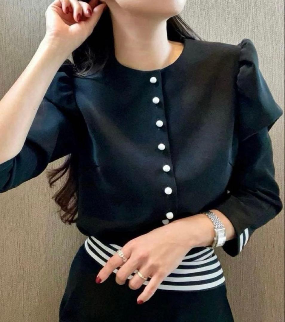 BORDERS at BALCONY ボタンツイルブラウス ネイビー 38