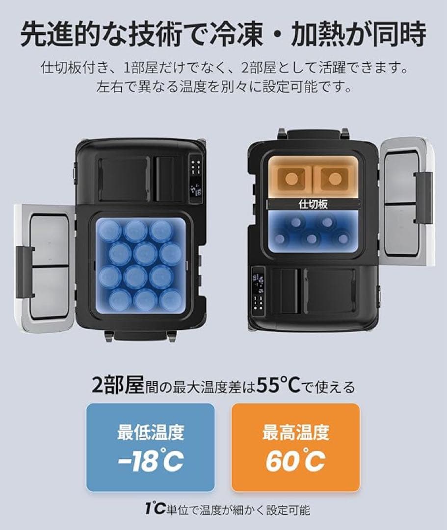 車載冷蔵庫　20L 2室独立温度制御　コンプレッサー式　静音　キャスター付き