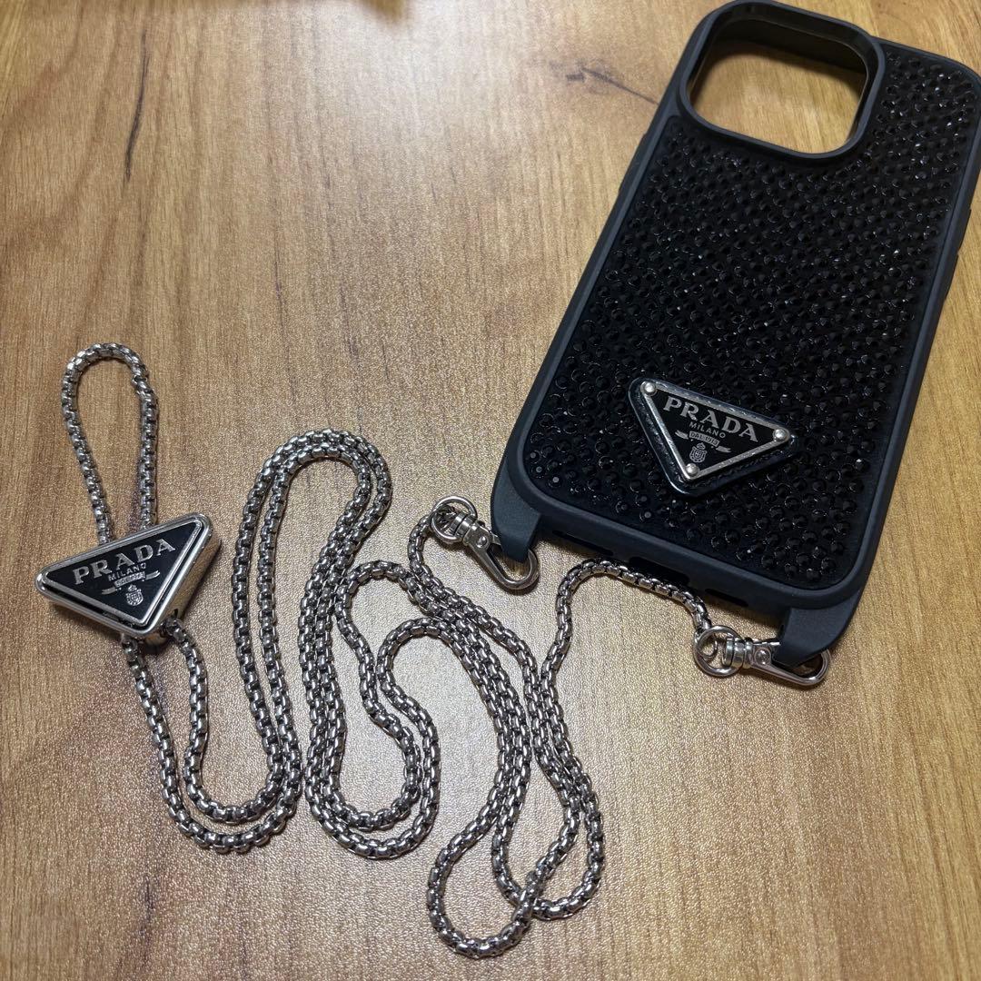 PRADA ストラップチェーン付き　クリスタル　iPhone用ケース ブラック