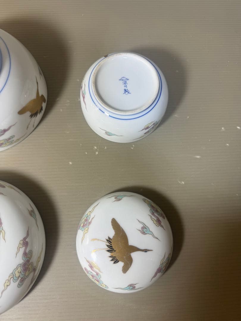 2619 深川製磁  金彩雲鶴図  蓋物  ボンボニエール 大小 菓子器　2客