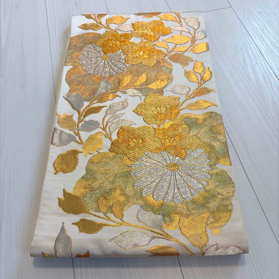ラ*ー様 ゴールド 金 振袖用 袋帯 正絹 花柄 帯 成人式 華やか シルバー