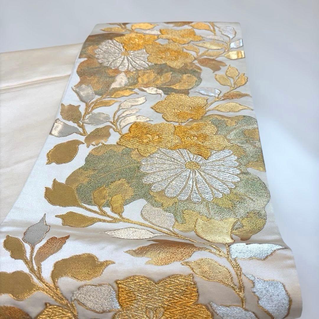 ラ*ー様 ゴールド 金 振袖用 袋帯 正絹 花柄 帯 成人式 華やか シルバー
