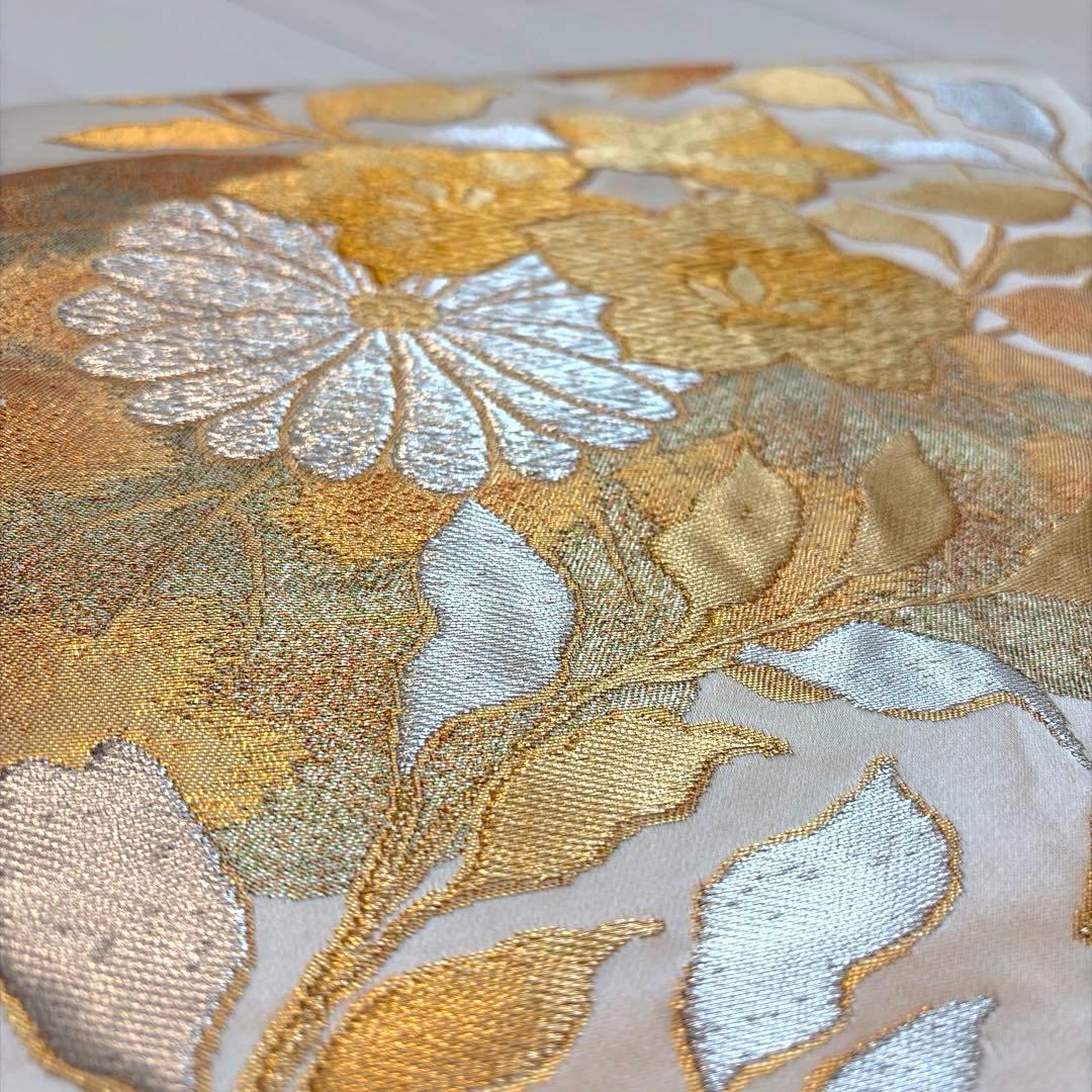 ラ*ー様 ゴールド 金 振袖用 袋帯 正絹 花柄 帯 成人式 華やか シルバー