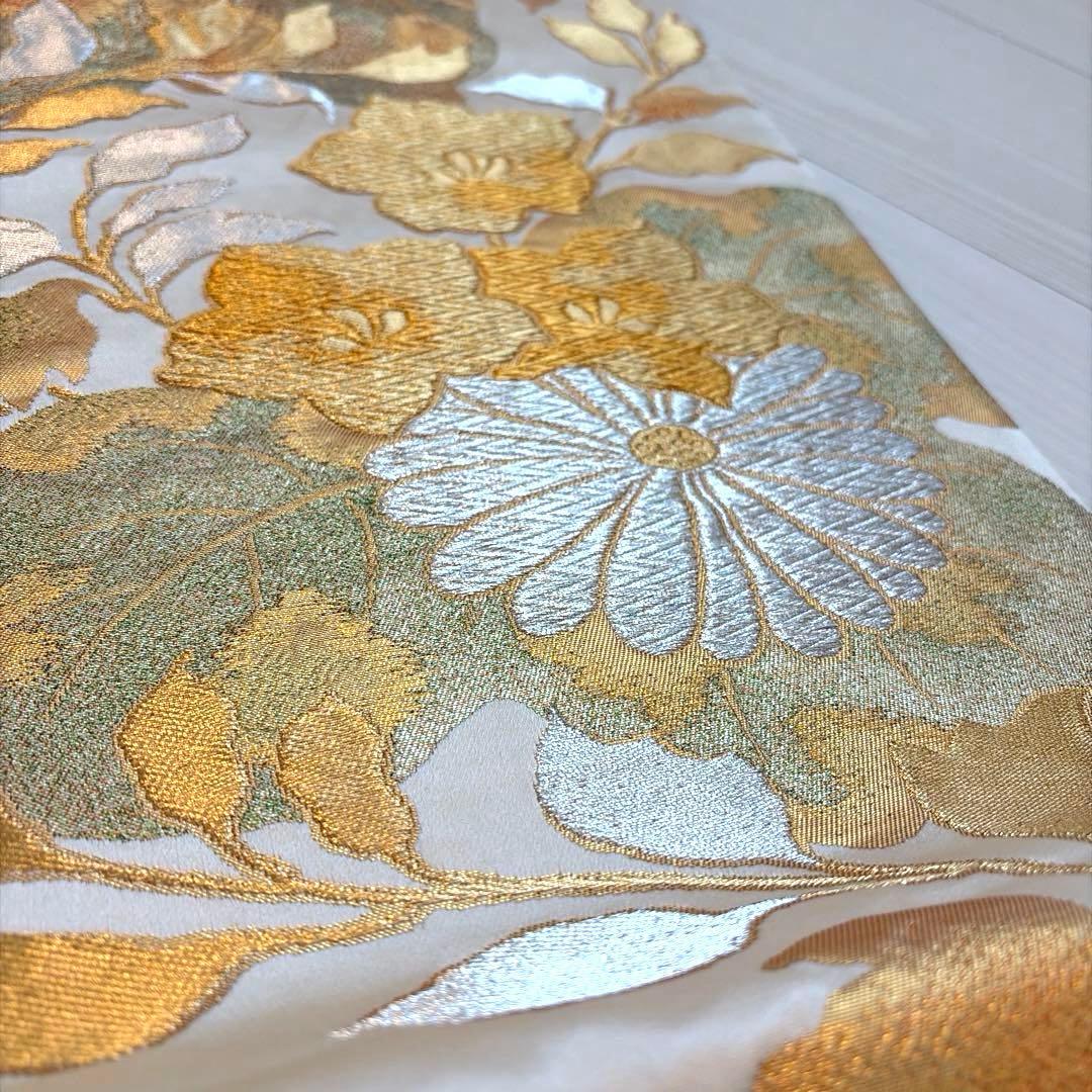 ラ*ー様 ゴールド 金 振袖用 袋帯 正絹 花柄 帯 成人式 華やか シルバー