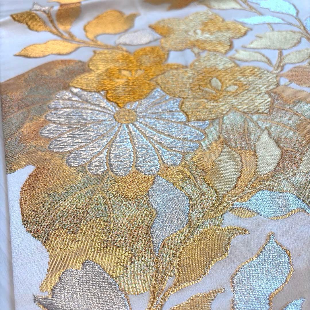 ラ*ー様 ゴールド 金 振袖用 袋帯 正絹 花柄 帯 成人式 華やか シルバー