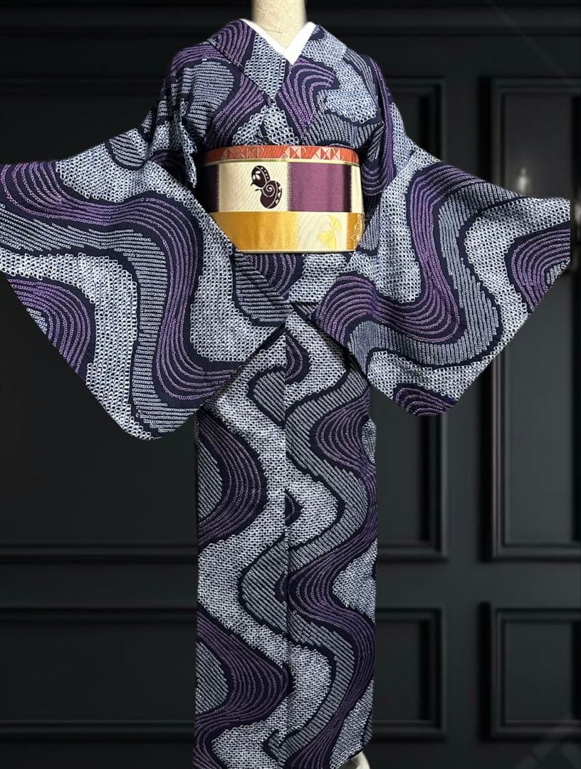 2点セット　新品美品✨身丈165裄丈67 有松鳴海絞り浴衣 藍染に紫　波紋様