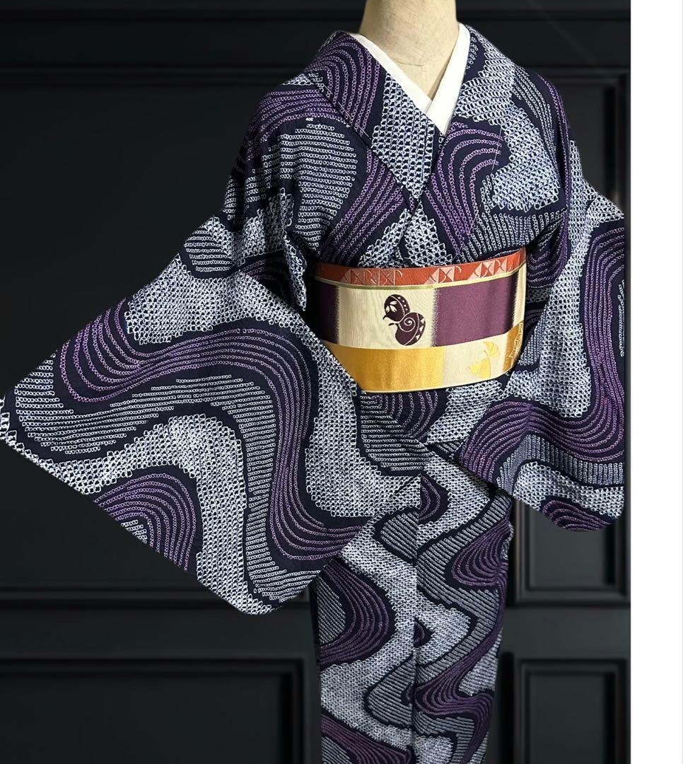 2点セット　新品美品✨身丈165裄丈67 有松鳴海絞り浴衣 藍染に紫　波紋様