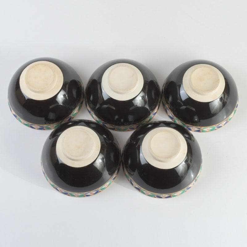 茶道具　京焼　平安　紫雲造　色絵　黒仁清七宝文　数茶碗　五客　V　9486