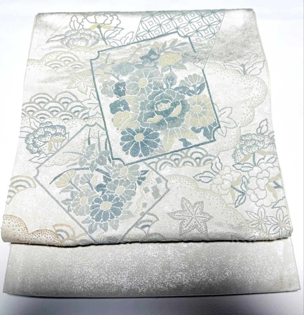 高級 袋帯 正絹 お太鼓柄 相良刺繍 中国刺繍 ホワイト シルバー 訪問着