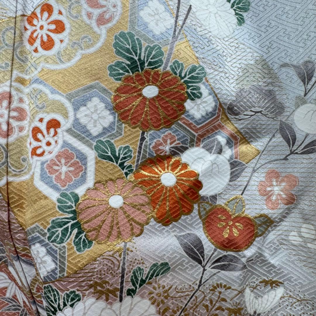 しつけ付　正絹　袷　現代　広襟　高級　訪問着　着物　着丈169 シルバー　光沢