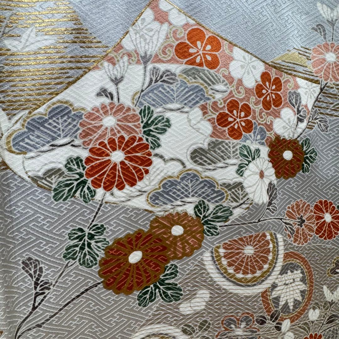 しつけ付　正絹　袷　現代　広襟　高級　訪問着　着物　着丈169 シルバー　光沢