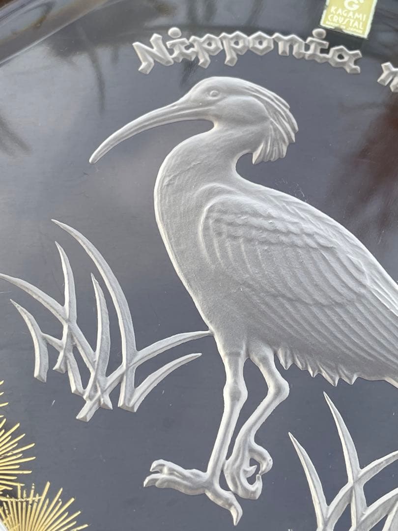 カガミクリスタル KAGAMI 飾り皿　贈答品 記念　クリスタル八角形皿 鶴彫刻