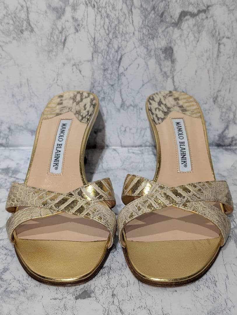 美品✨️ マノロ ブラニク サンダル ミュール ゴールド パイソン ヒール 36
