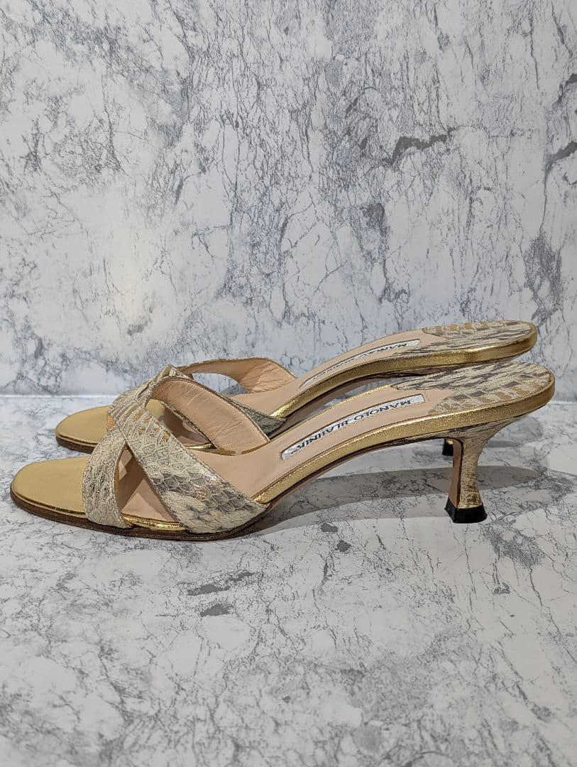美品✨️ マノロ ブラニク サンダル ミュール ゴールド パイソン ヒール 36