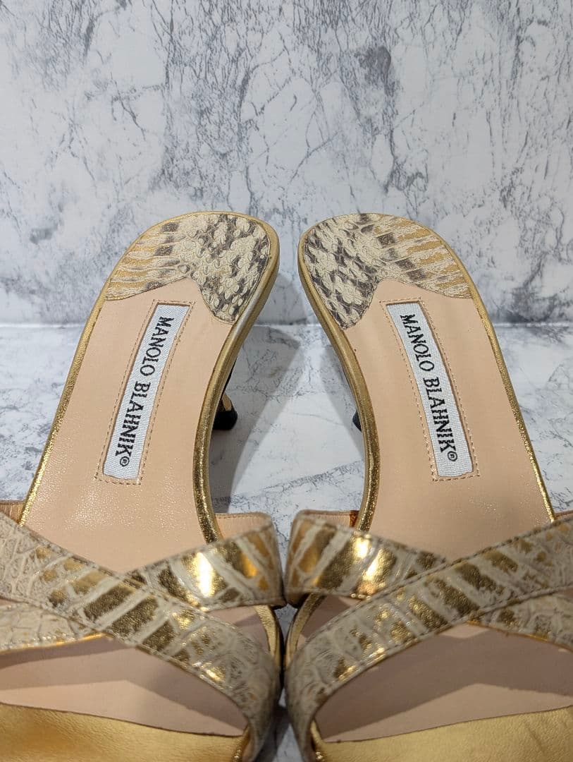 美品✨️ マノロ ブラニク サンダル ミュール ゴールド パイソン ヒール 36