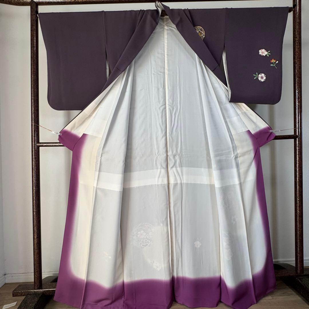 超美品　正絹　袷　訪問着　着物　168　裄70　ちりめん　金彩　紫　藤色　トール