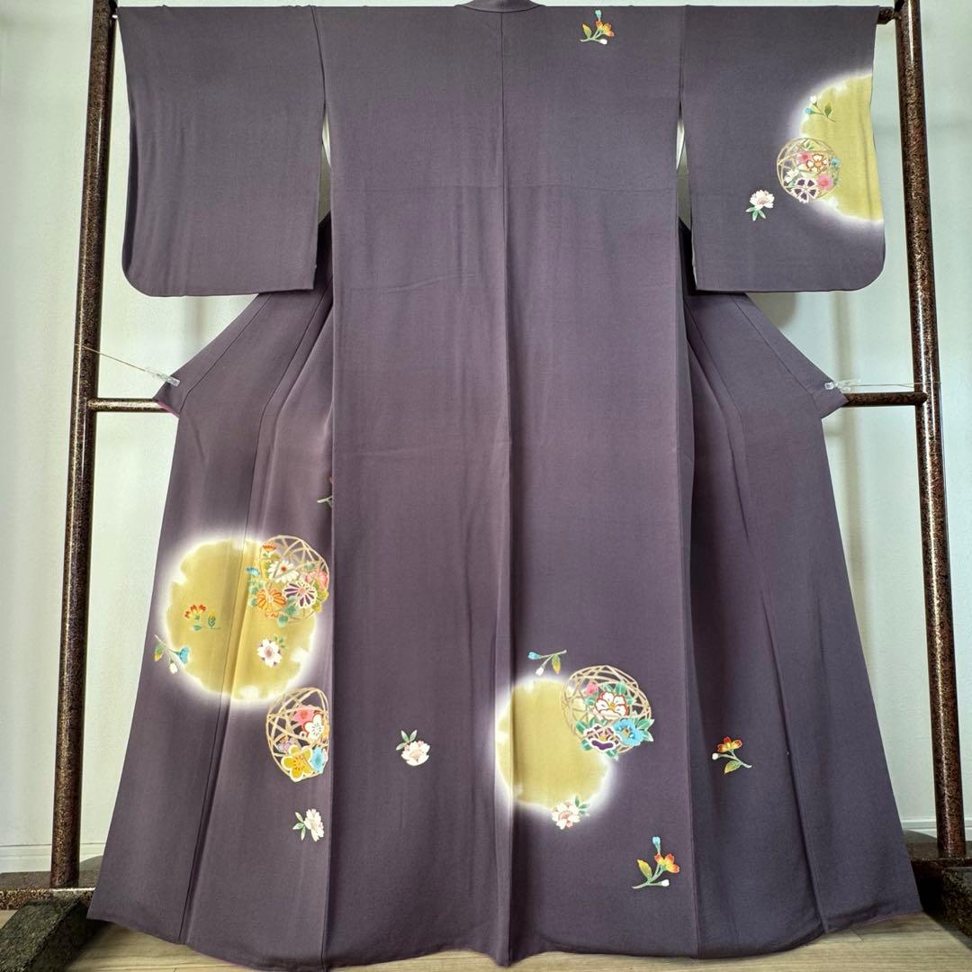超美品　正絹　袷　訪問着　着物　168　裄70　ちりめん　金彩　紫　藤色　トール