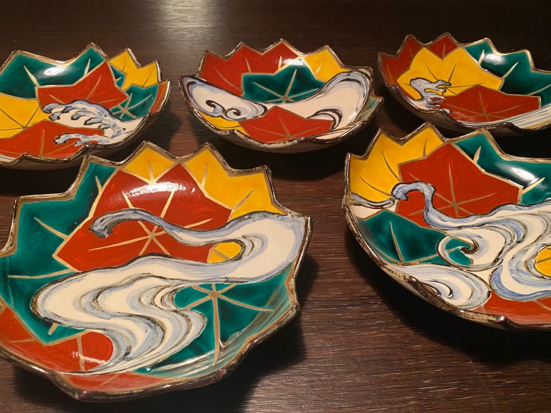 乾山写呉須入り竜田川文向付5種5色絵がわり 5客　清水焼　京器　懐石向付