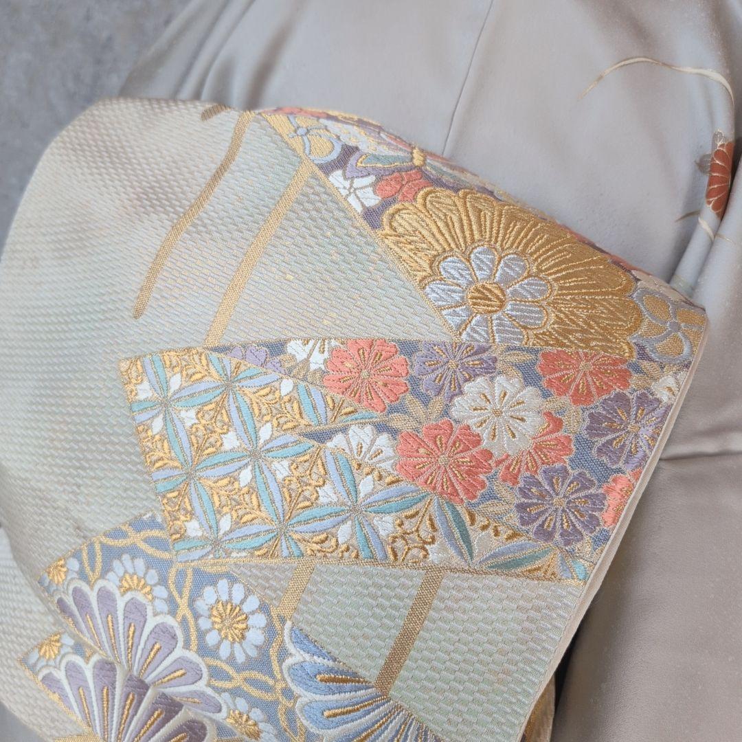 訪問着　フルセット　着物　正絹　白シルバー　金駒刺繍　花　しつけ糸　祝い事　A2