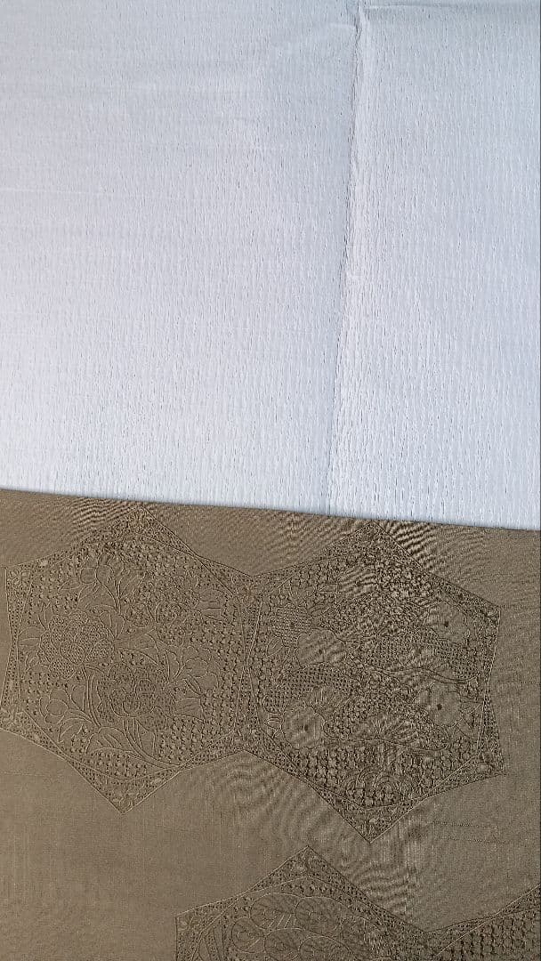 袋帯　スワトウ刺繍　紬地　正倉院花唐草文様　モスグリーン無地