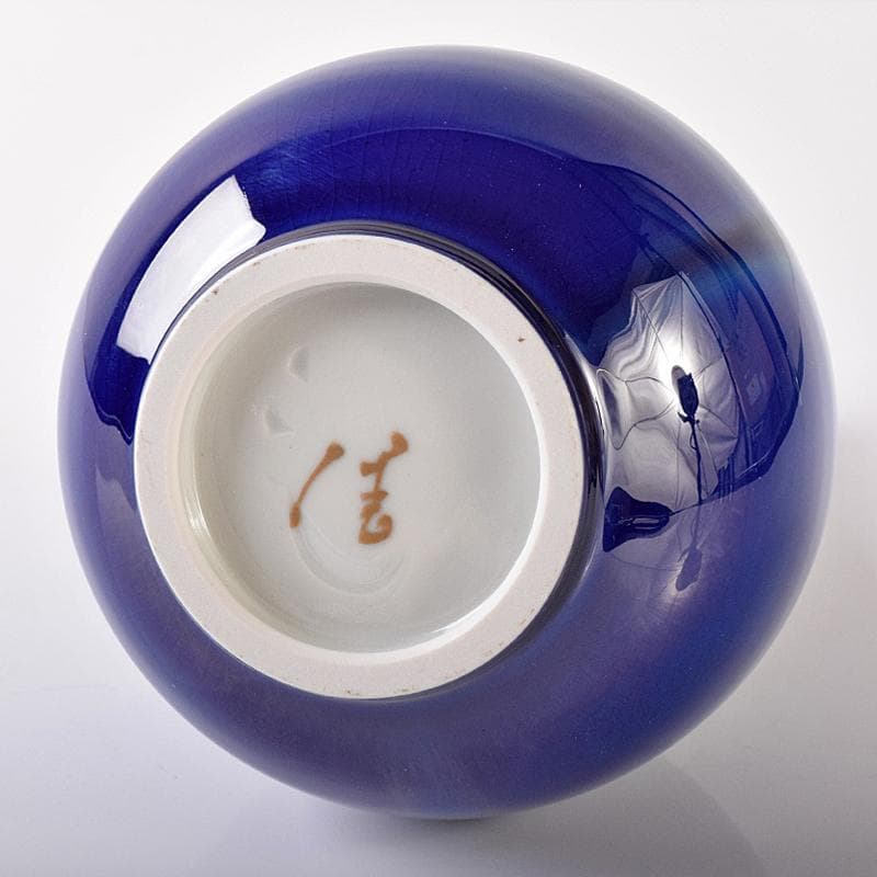 人間国宝　三代徳田八十吉　碧明耀彩　花生　共布共箱　T　R8172