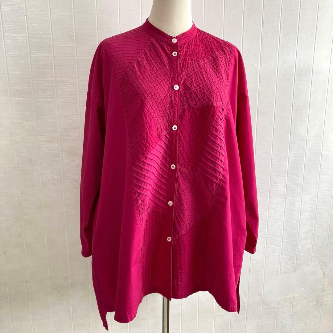 ヤッコマリカルド　バンドカラーロングシャツ　オーバーサイズ　ピンタック　ピンク