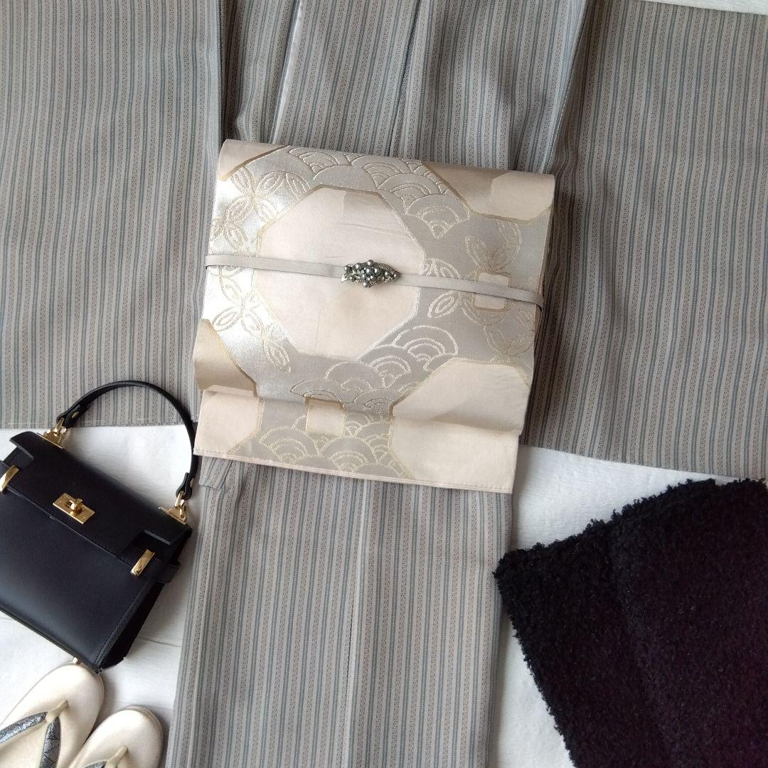 ◆未使用美品◆袋帯 川島織物モダン鎖紋 シルバーベージュ 訪問着 付下げ 小紋