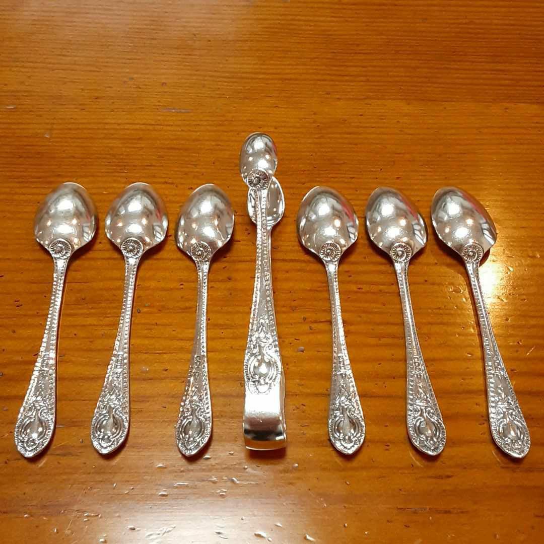 英国 純銀 ティースプーン&シュガートング ♡アンティークシルバー◇ケース付