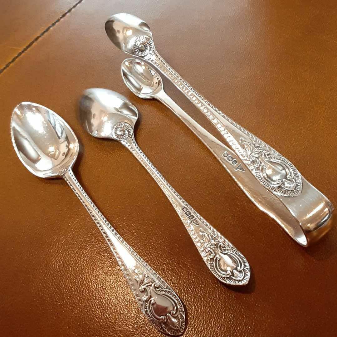 英国 純銀 ティースプーン&シュガートング ♡アンティークシルバー◇ケース付