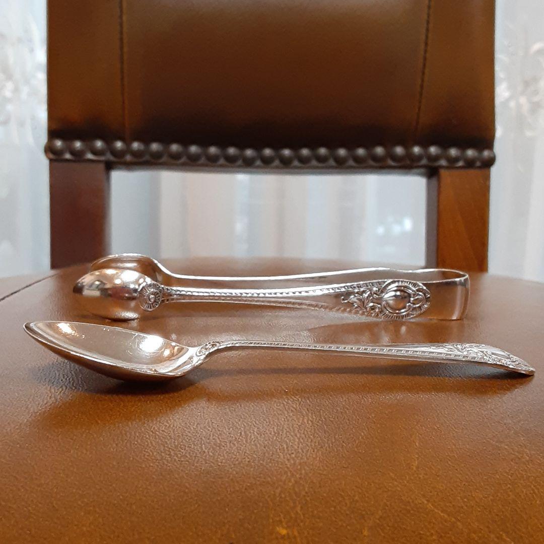 英国 純銀 ティースプーン&シュガートング ♡アンティークシルバー◇ケース付
