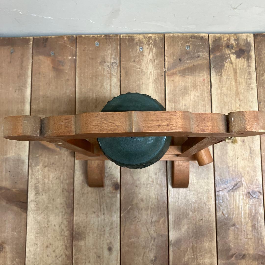 E-4 昭和レトロ 青銅製 仏具 梵鐘 ミニ鐘 木製台座付き 南無阿弥陀仏 半鐘