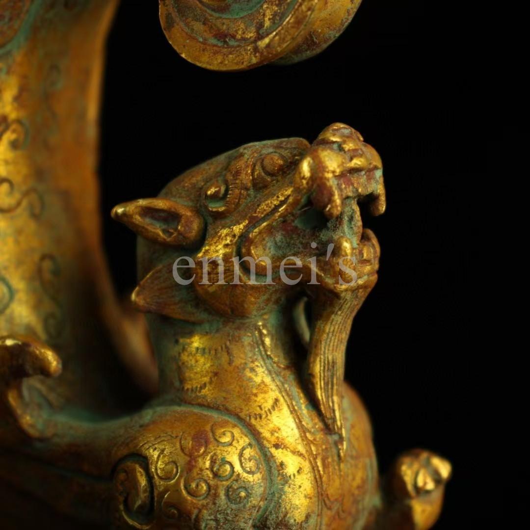 旧蔵 純銅製 鎏金 獣形 酒杯 古銅器 お酒用グラス・純手作り・案頭・酒具・置物